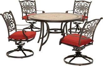 Hanover Monaco 5-Piece Dining Set in Red with Four Swivel Rockers and a 51 In. Tile-Top Table