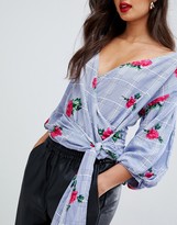 Thumbnail for your product : AX Paris tie front 3/4 sleeve top in rose print