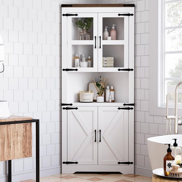 GarveeFarmhouseCornerCabinetTallCornerStorageCabinetwithGlassDoor&AdjustableShelvesBathroomCabinetforLivingRoomBathroomWhite