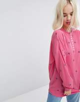 Thumbnail for your product : Lazy Oaf Oversized Long Sleeve Button Down T-Shirt In Waffle With Tiny Flowers