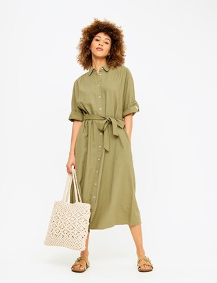 Tu Green Linen Blend Short Sleeve Shirt Dress - ShopStyle