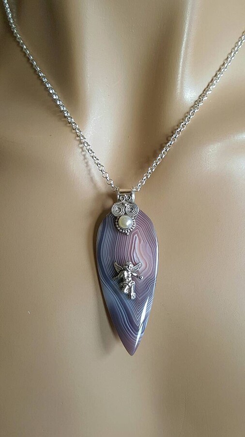 Etsy Fairy On Botswana Agate With White Freshwater Pearl Pendant 18\
