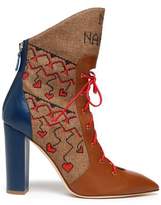 Thumbnail for your product : Malone Souliers Lace-Up Leather And Embroidered Canvas Ankle Boots