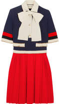 Thumbnail for your product : Gucci Bow-detailed Ribbed Knit-trimmed Pleated Stretch-crepe Mini Dress