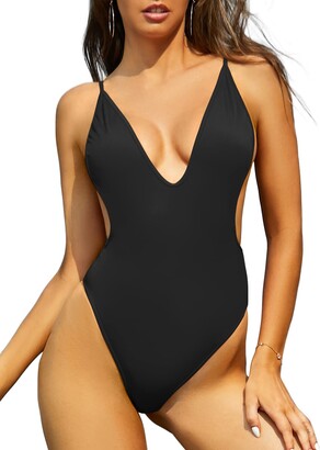 SHEKINI Women's One Piece Thong Swimsuit Deep V Neck Beach Swimwear Non  Padded Sexy High Cut Low Back Bathing Suit - ShopStyle
