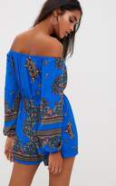 Thumbnail for your product : PrettyLittleThing Blue Scarf Printed Bardot Playsuit