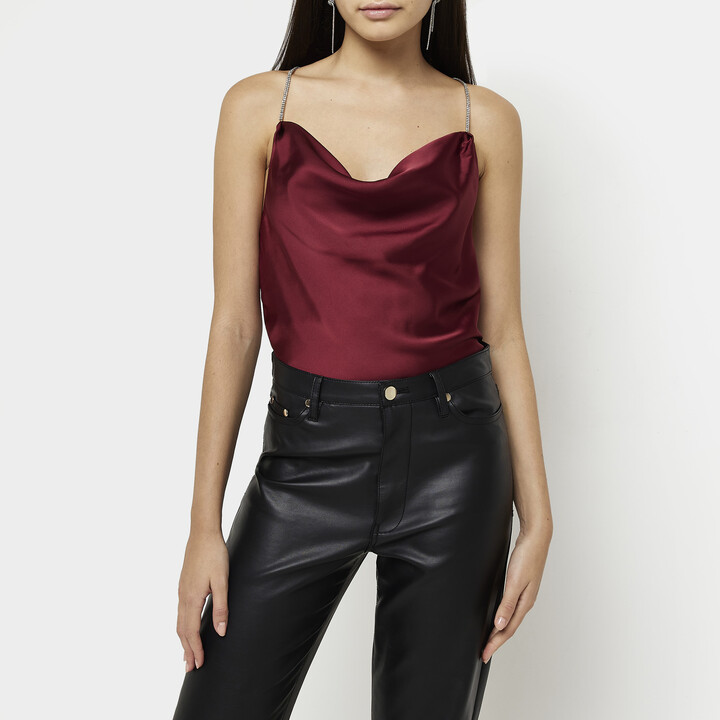 River Island Womens Red Satin Diamante Strap Cami Top ShopStyle