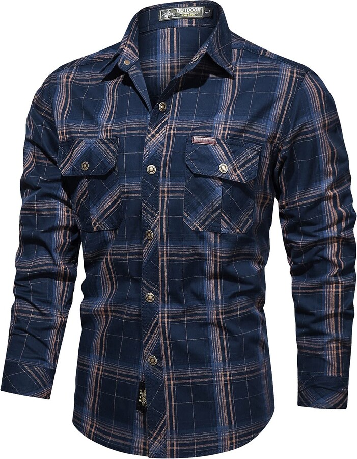 MMOOVV Men's Military Style Shirt Outdoor Check Button Down Long Sleeve