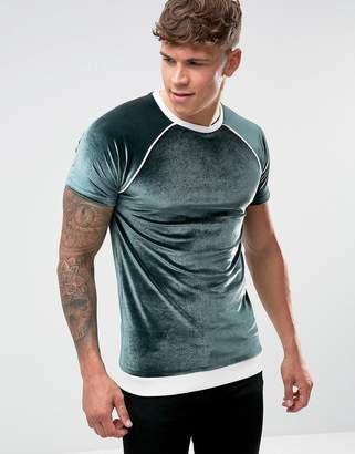 ASOS Design Muscle T-Shirt In Velour With Rib Hem And Piping