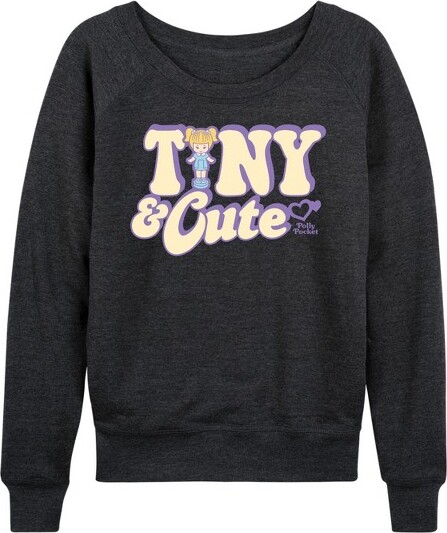 Polly Pocket Women'sPollyPocketTinyAndCuteLightweightFrenchTerryWideNeckLongSleeveGraphicShirt-HeatherCharcoal-Small