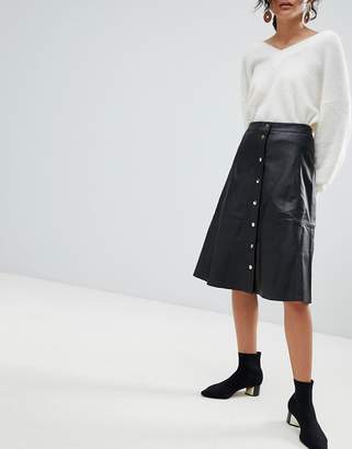 Selected A-Line Button Through Leather Skirt