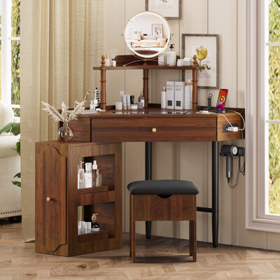 Latitude Run Walnut Corner Dressing Table Set With Storage Ottoman - Triangular Design, Charging Station, Removable Pull-Out Side Cabinets, And Drawer/Shelf Storag