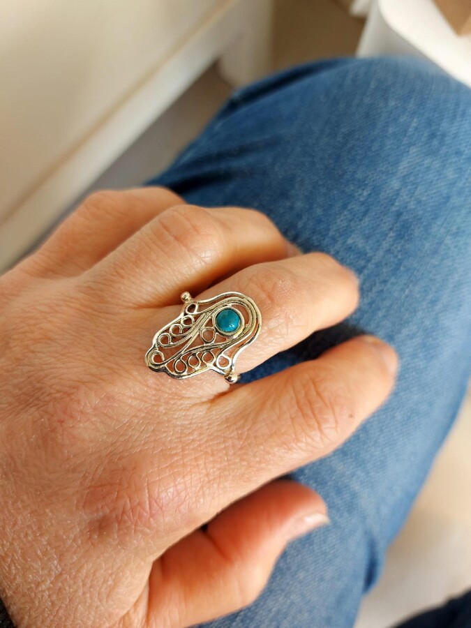 Etsy Sterling Silver Hamsa Ring Turquoise Stone Filigree Band