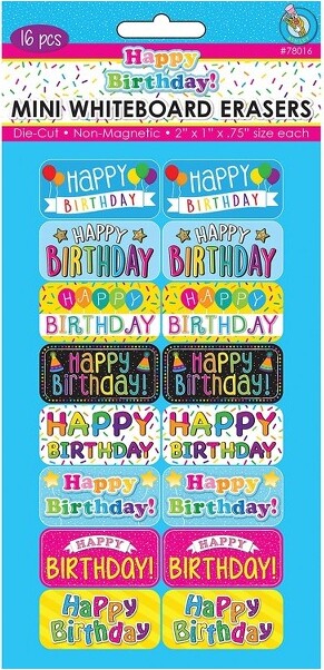AshleyProductionsMiniWhiteboardErasersHappyBirthday2"x1"x0.75"Packof16(ASH78016)