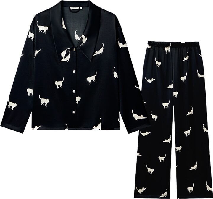 Not Just Pajama Black Cats Edition Silk Pajamas Long Set