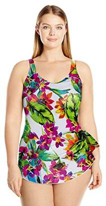 Maxine Of Hollywood Women's Plus Size Summer Bounty Wide Strap Sarong One Piece Swimsuit With Knot Detail