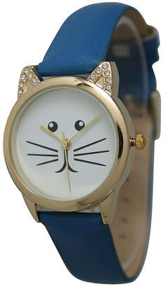 Olivia Pratt Womens Gold-Tone White With Black Cat Face Dial Royal Blue Leather Strap Watch 13586L