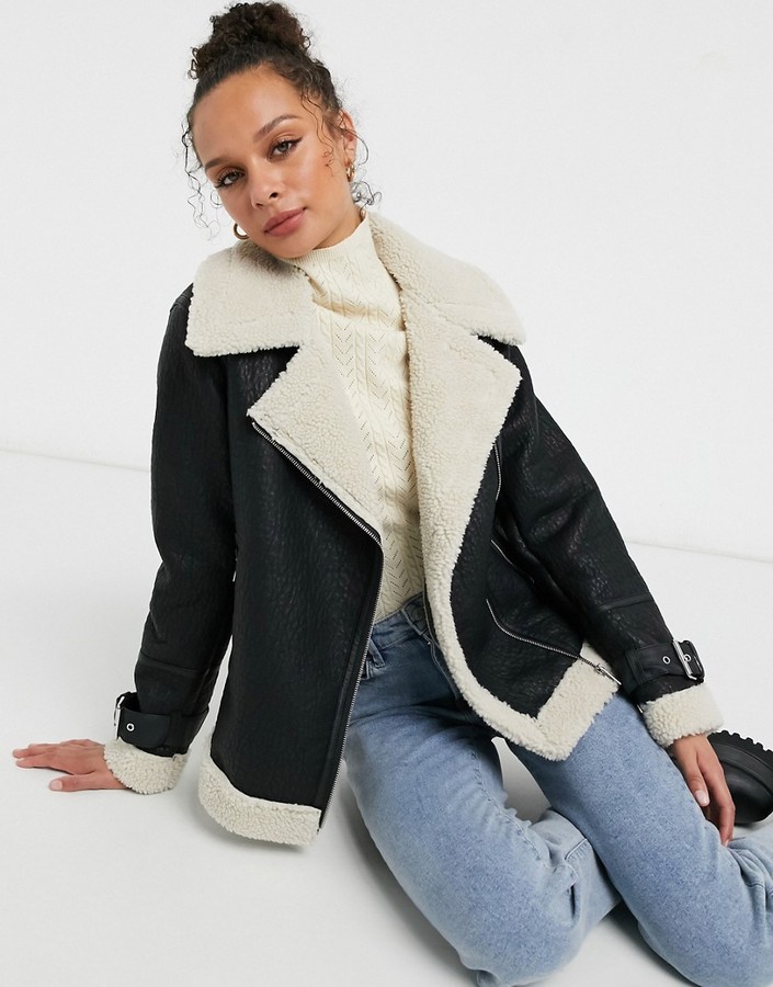 New Look faux fur lined contrast aviator jacket in black - ShopStyle