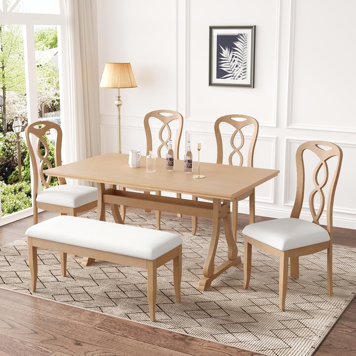 Dinehome Retro 6Piece Trestle Dining Table Set with Upholstered Dining
