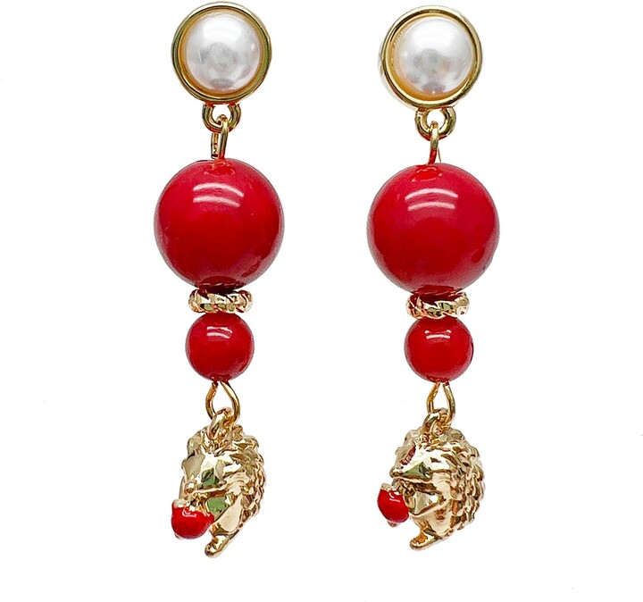 Farra Red Coral With Hedgehog Pendant Stud Earrings