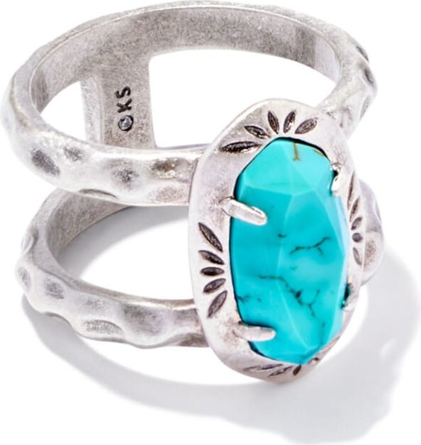 Kendra Scott Elyse Vintage Silver Etch Frame Band Ring in Variegated Turquoise Magnesite | Variegated Magnesite/Metal | Size 5