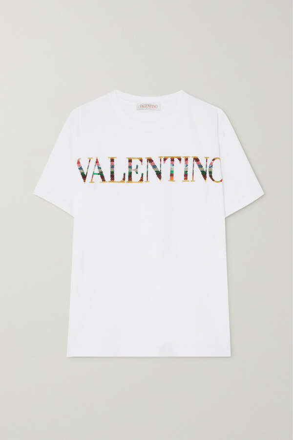 Valentino Garavani Sequin-embellished Embroidered Cotton-jersey T-shirt -  White - ShopStyle