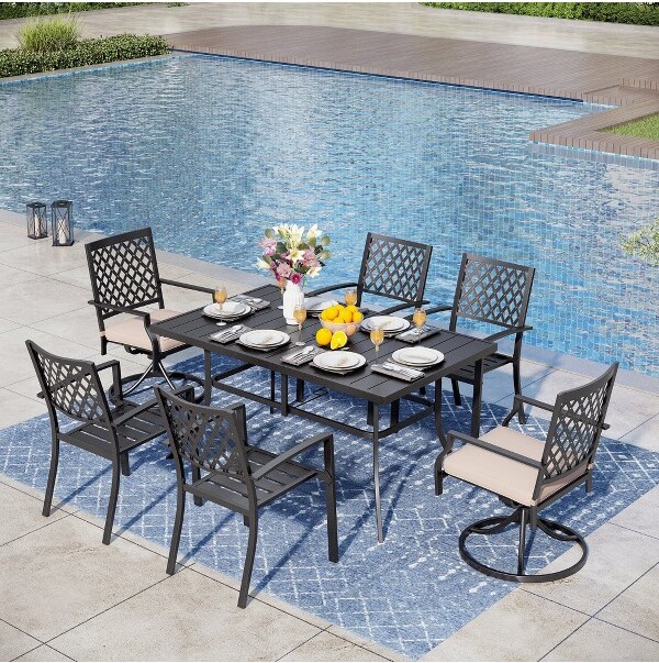 Captiva Designs CaptivaDesigns7pcPatioDiningSetwithSlat-topRectangleSteelTable&MetalChairs