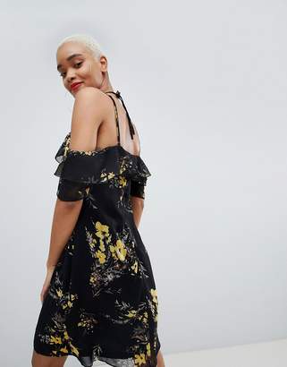 boohoo Strappy Cold Shoulder Mini Dress In Floral Print