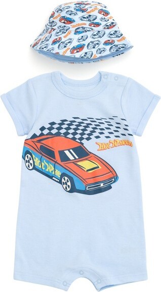 Hot Wheels Toddler Boys Romper and Bucket Sun Hat Outfit Set Pastel Blue 3T