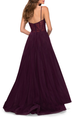 La Femme Tulle A-Line Slit Gown with Illusion Bodice