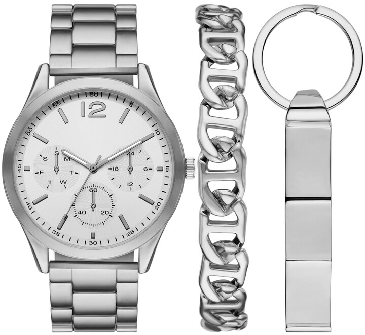 Folio Men's Silvertone Stainless Steel Bracelet Watch, 45mm Gift Set