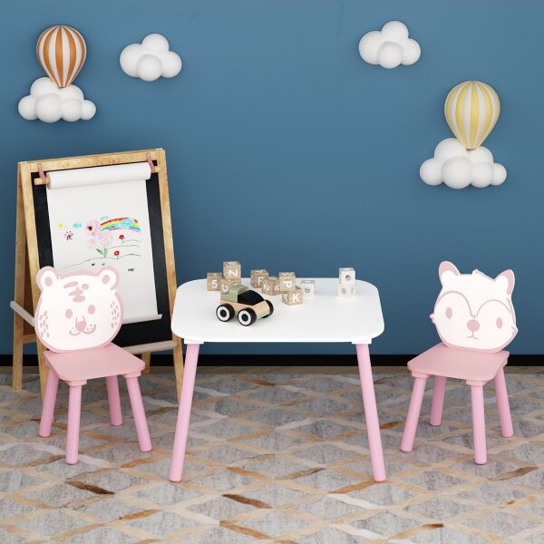 WhisenKidsTableandChairSet3-PieceWoodenToddlerDeskwithAnimalBackrest-Pink&White