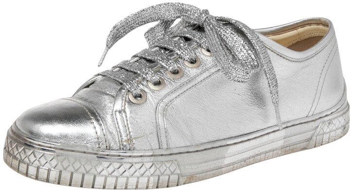 Chanel Metallic Silver Leather Lace Up Sneakers Size 38 - ShopStyle