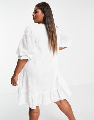 In The Style x Lorna Luxe lace high neck tie detail smock dress in white  floral