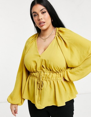 ASOS Curve ASOS DESIGN Curve satin batwing sleeve top with tie front in mustard