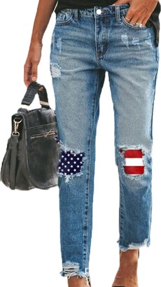 DFGHN Women Mid Rise Patchwork Ripped Jeans 4Th of July American Flag Print Distressed Denim Pants