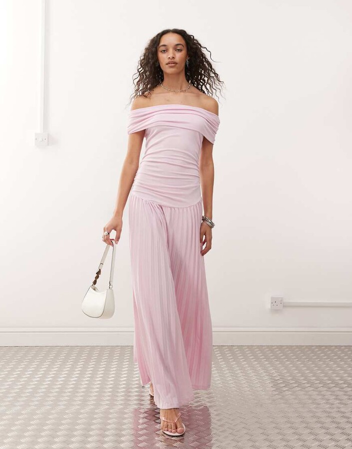 Lioness Field of Dreams foldover bardot ruched drop waist pleated maxi dress in soft pink