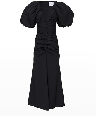 Carolina Herrera Plunging Puff-Sleeve Ruched Midi Dress