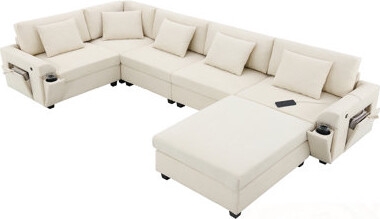 Latitude Run U-Shaped Chenille Sectional Sofa With Ottoman, Hidden Armrest Storage And Cup Holders