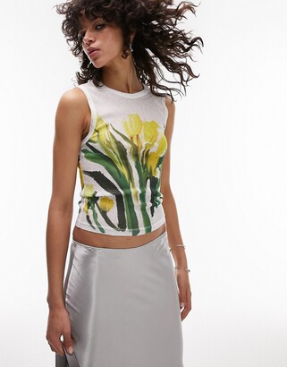 Topshop graphic painted tulip mesh tank top in Multi - ShopStyle