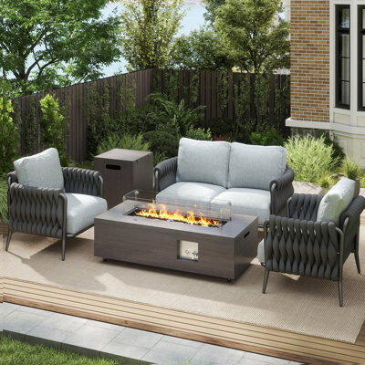 Keenso Outdoor 4-seater Sofa Set With 50,000 Btu Fire Pit Table – Modern Patio Furniture For Lounge & Warmth