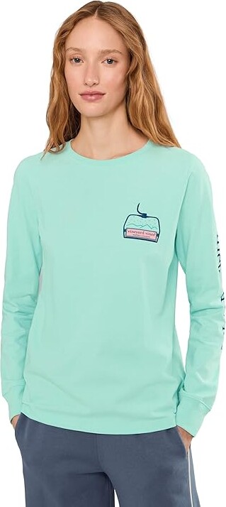 Vineyard Vines Ski Lift Logo Box Long Sleeve T-Shirts Women's T Shirt Aqua Haze : LG, Cotton