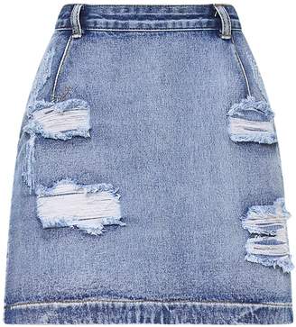 PrettyLittleThing Roschian Vintage Wash Super Distress Denim Mini Skirt