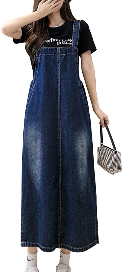 Yishengwan Womens Denim Pinafore Dresses Jeans Dungaree Dress Long