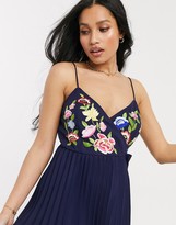 Thumbnail for your product : ASOS Petite DESIGN Petite embroidered pleated cami wrap midi dress in navy
