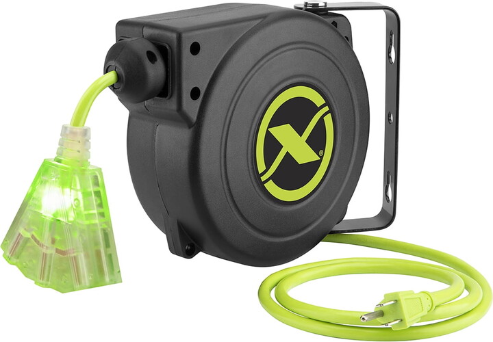 Flexzilla® Retractable Extension Cord Reel, 16/3 AWG SJTOW Cord, 25', Grounded Triple Tap Outlet, ZillaGreen™