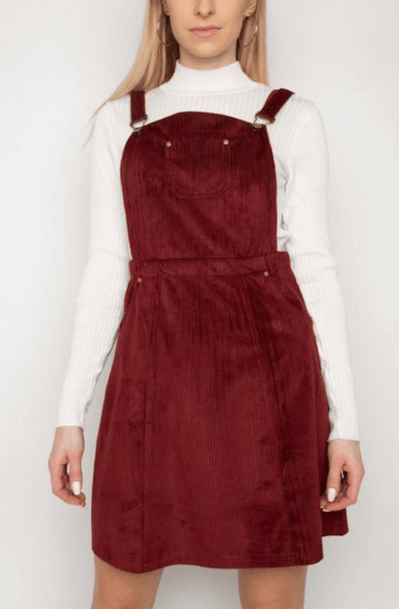 burgundy cord dungaree dress