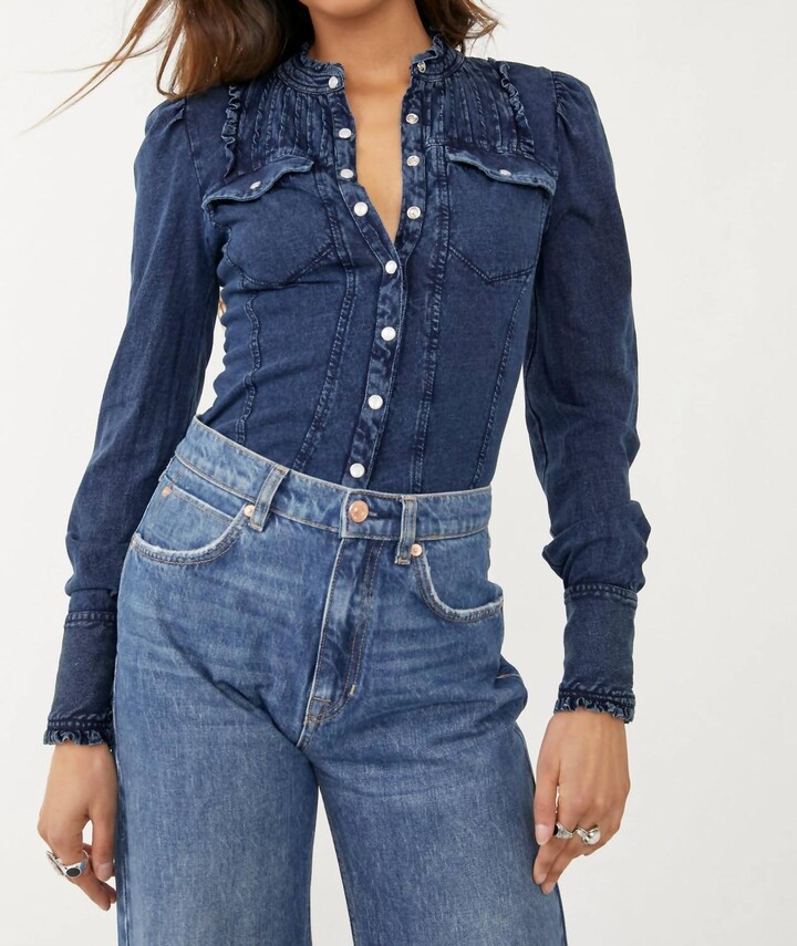 Free People Going Somewhere Longsleeve Blouse In Stormy Navy