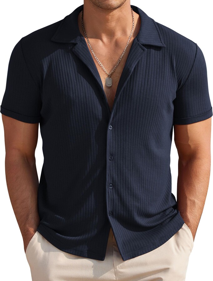 COOFANDY Mens Knit Button Down Shirt Short Sleeve Button Up Shirt ...