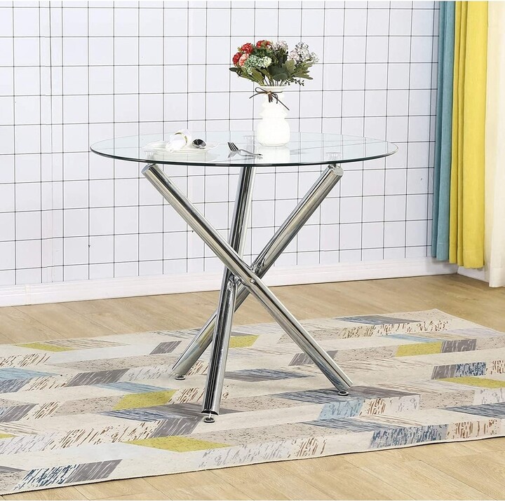 EPOWP Round Glass Dining Kitchen Table with Chrome Legs Modern Leisure